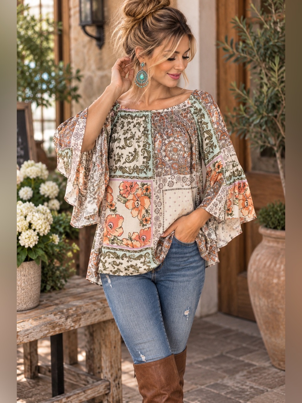 Cato Boho Patchwork Scarf Print Flowy Bell Sleeve Top M 100% Rayon